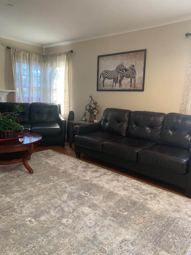 Living room with comfortable leather sofas and sunny bay window